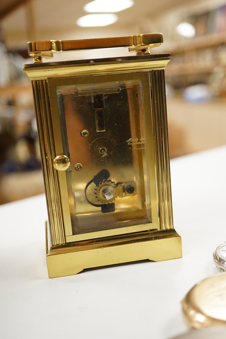 Two carriage clocks including a Jaeger LeCoultre(a.f), a 935 white metal fob watch, a gold plated open faced pocket watch, a 935 white metal 'The Westfield Lever' open faced pocket watch and a small quantity of watch key